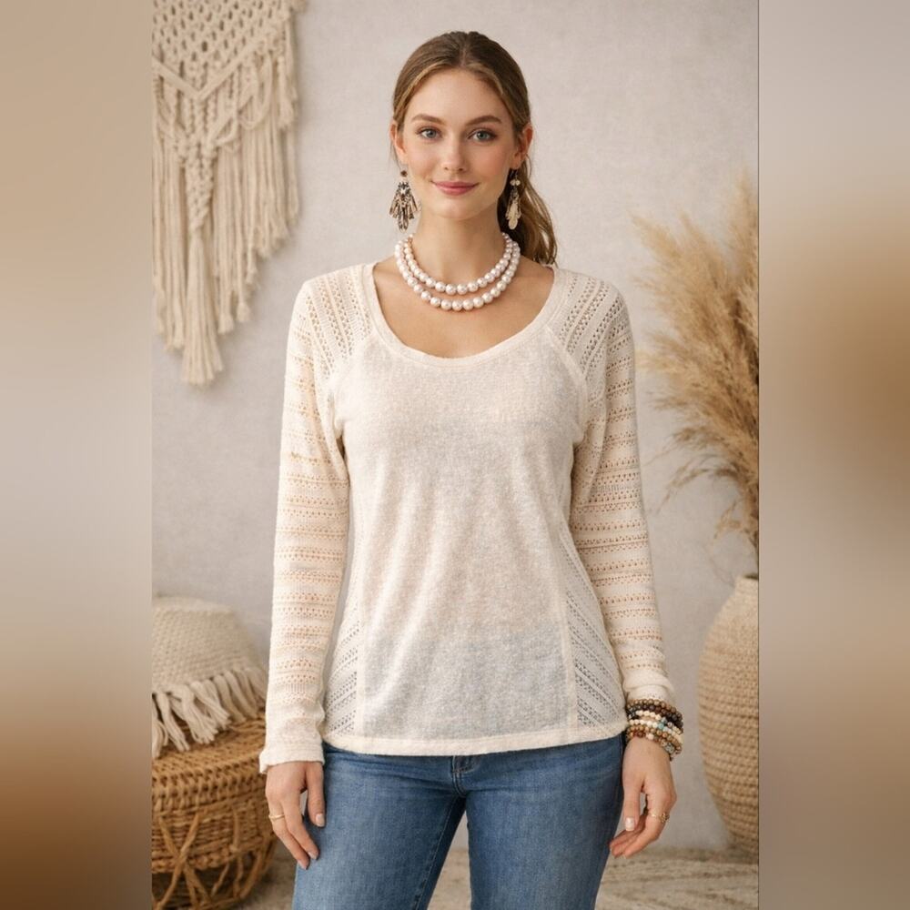 Altar'd State Pale Cream Lace Knit Lightweight Sweater With Sheer Lace sz L